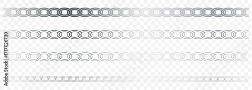 Monochrome set different type of metal chains in silhouette style. Seamless shape, for graphic design of logo, emblem, symbol, sign, badge, label, stamp, isolated on Transparent background.  EPS 10.