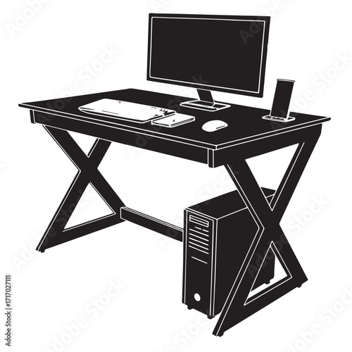 Black computer desk Silhouette Vector, High Quality Illustration on White Background
