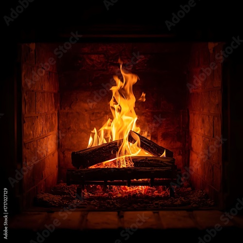 Cozy fireplace with burning logs and warm flames