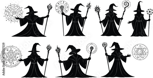 Mystical wizard silhouette, magical sorcerer with staff, occult spell casting figure, gothic magician illustration, fantasy wizard artwork, enchanted magic circle design