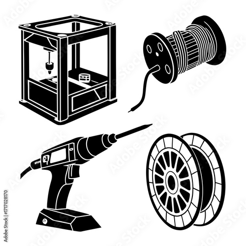 3D Printer, Drill, and Filament Spools Keywords: 3D printer, 3D printing, filament, spool