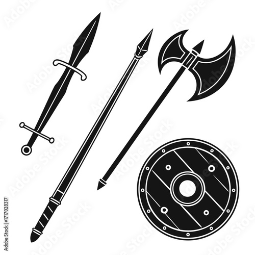 Ancient Weapon Silhouettes with Shields sword spear