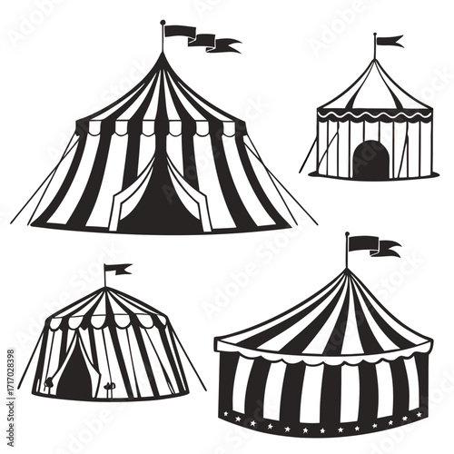 Assorted Circus Tents Silhouette Set Keywords: circus, tent, big top, carnival, festival