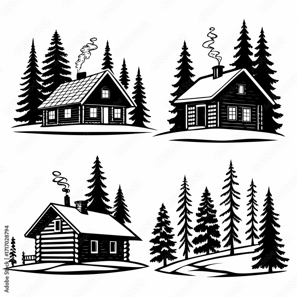 Fototapeta premium Black And White Silhouettes Of Log Cabins And Pine Trees Keywords: log cabin, house, home