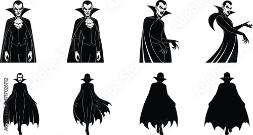 Scary vampire silhouette illustration, gothic dracula character design, dark horror artwork, halloween monster drawing, spooky night creature, evil vampire costume figure