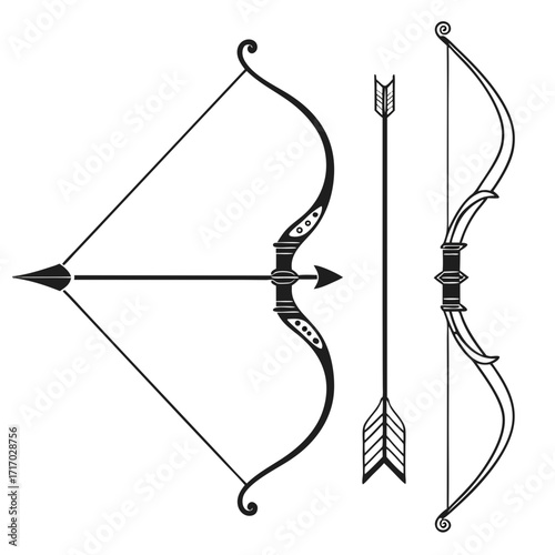 Black and white illustration of bows and arrows archery