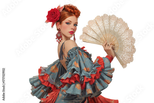 Flamenco dancer character in traditional attire, holding an ornate lace fan