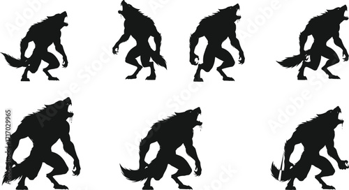 Werewolf silhouette illustration, scary monster design, spooky wolf man artwork, horror creature shadow, dark beast figure, Halloween evil werewolf character, nightmare predator