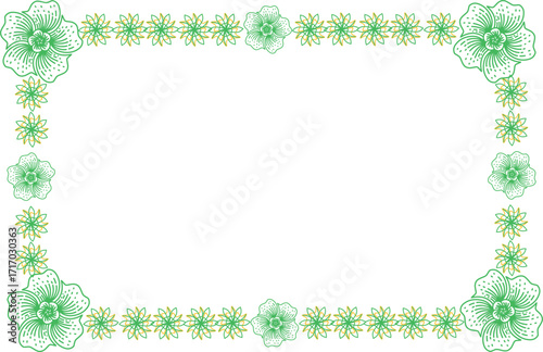 Ornate floral border design with delicate green and yellow flower illustrations on white background