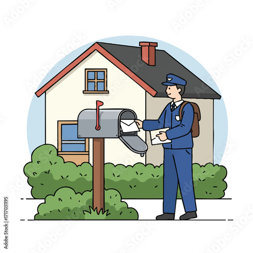 A professional postman in uniform carefully places letters into a residential mailbox next to a house and a neatly trimmed bush in a vibrant 2D flat vector illustration.