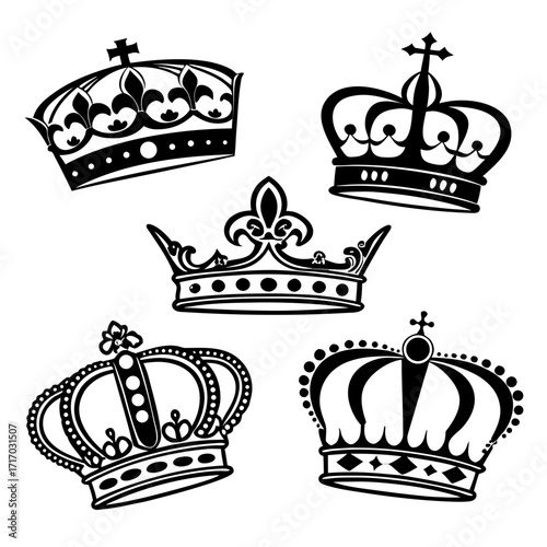 Five Black Silhouette Crowns with Varied Designs royal