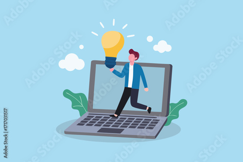 Man emerging from laptop screen holding a glowing light bulb representing a new idea or innovation