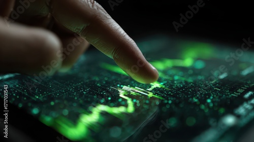 Navigating the Digital Frontier - A Finger Tracing the Future on a Glowing Screen.
