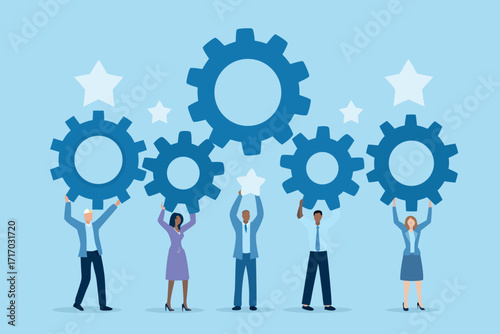 Diverse team of professionals holding gears and stars symbolizing teamwork collaboration and success