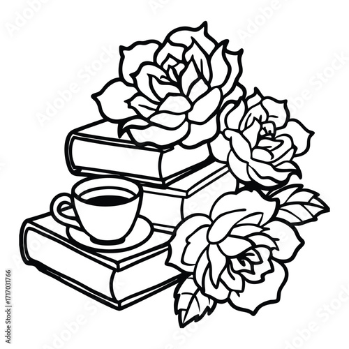 A charming black and white illustration depicts a teacup overflowing with roses, resting on a pile of antique books, with more roses beside them.
