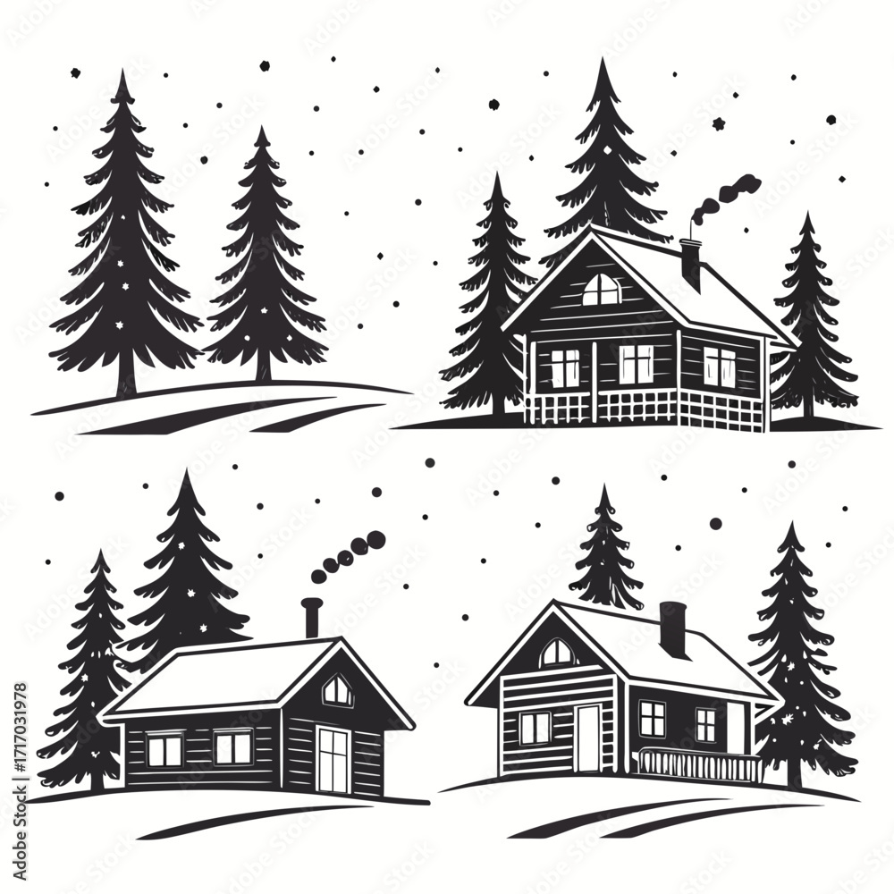 Fototapeta premium Four Black And White Winter Cabin Scenes With Pine Trees