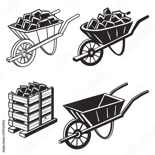 Four Black And White Wheelbarrow Illustrations With Loads
