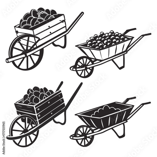 Four Black And White Wheelbarrow Illustrations With Loads