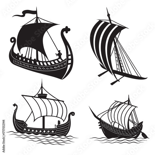 Four Black Silhouette Viking Ships in Motion on Water