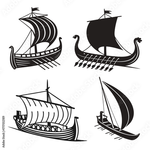 Four Black Silhouette Viking Ships with Sails and Oars