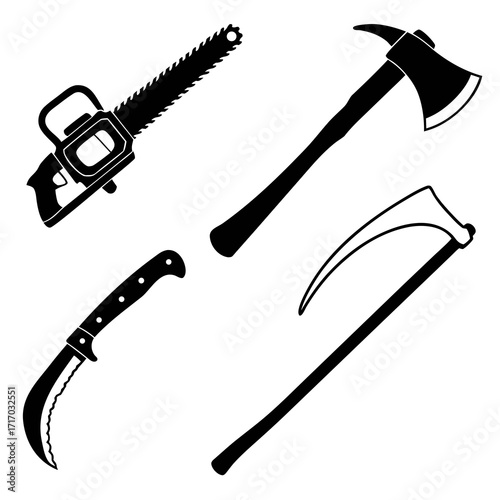Four Silhouette Tools on White Background chainsaw