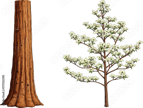 Bare tree trunk with textured bark, flowering tree with white blossoms, seasonal nature scene, botanical illustration, tree growth stages, outdoor landscape, plant identification
