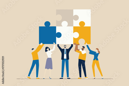 Diverse team of people working together to assemble a large puzzle representing collaboration and unity