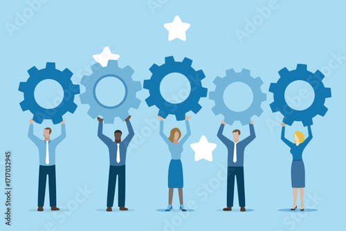 Diverse team of professionals holding up gears and stars symbolizing collaboration and success