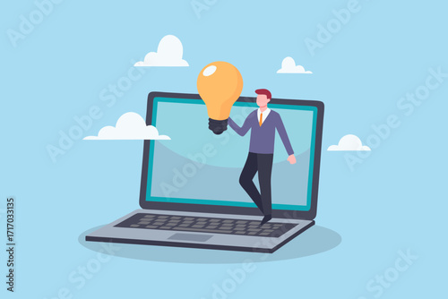 Man with glowing light bulb emerging from laptop screen on a cloudy sky background