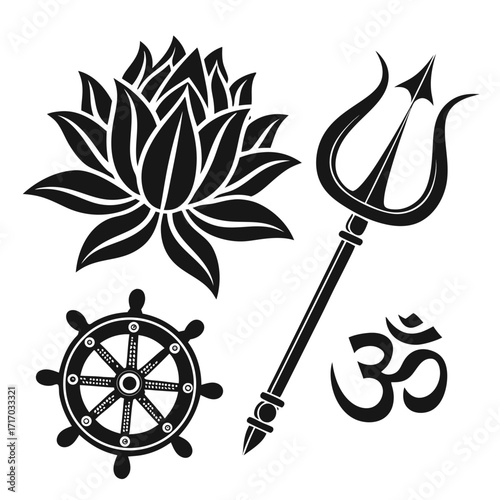 Indian Religious Symbols Lotus Om and Dharma Wheel Keywords: indian, religious, symbols, lotus