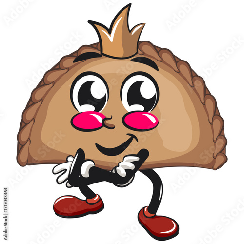 cute empanada mascot character vector illustration crowned like a king while folding his arms calmly, work of hand drawn