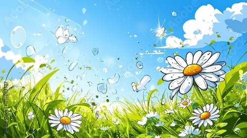 Spring Meadow with Daisies and Butterflies