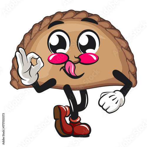 cute empanada mascot character vector illustration greet by giving oke sign, work of hand drawn