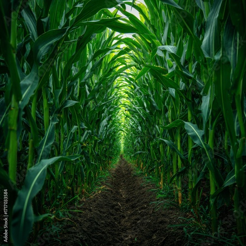 A mesmerizing perspective of a cornfield pathway, drawing the eye through a tunnel of vibrant green foliage. The pathway leads to the horizon, promising a journey through nature's embrace.