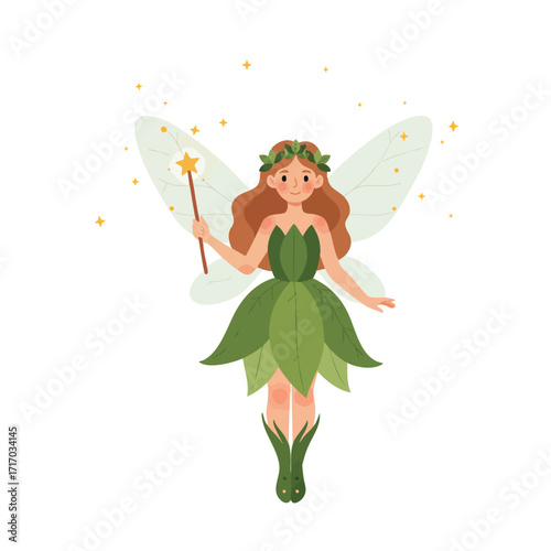 a girl with transparent fairy wings and a green, leafy dress, holding a magic wand with a star on its tip, 