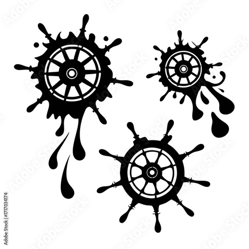 Nautical Ship Wheels with Ink Splashes helm maritime
