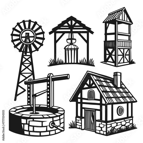Old Farm Buildings Silhouette Set windmill well