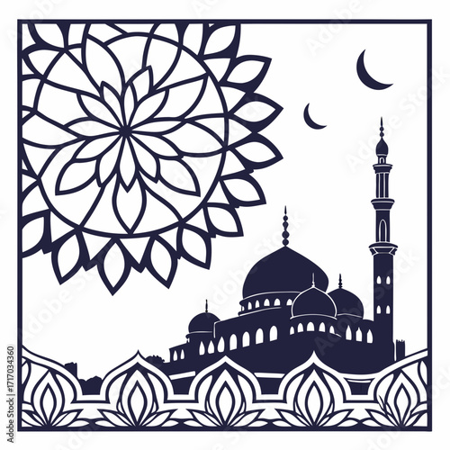 Ornate Islamic Mosque Silhouette with Mandala and Crescent Moon Keywords: islam, mosque, crescent