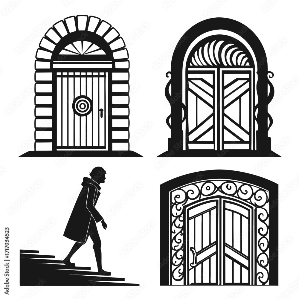 Fototapeta premium Person approaching ornate doorways and stairs silhouette