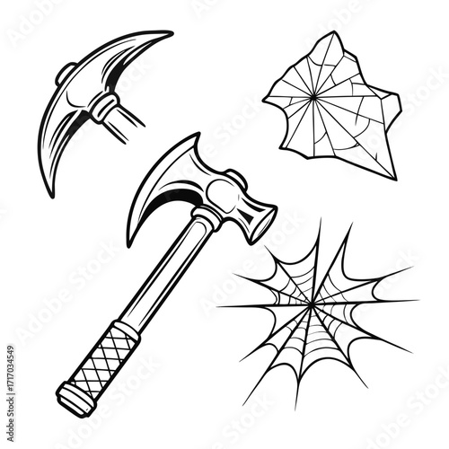 Pickaxe Hammer and Two Spiderwebs on White Background