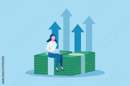 Woman sitting on stack of money with upward trending arrows symbolizing financial growth and success