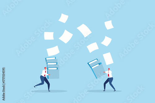 Businessmen struggling with falling documents and overflowing paperwork in a chaotic office environment