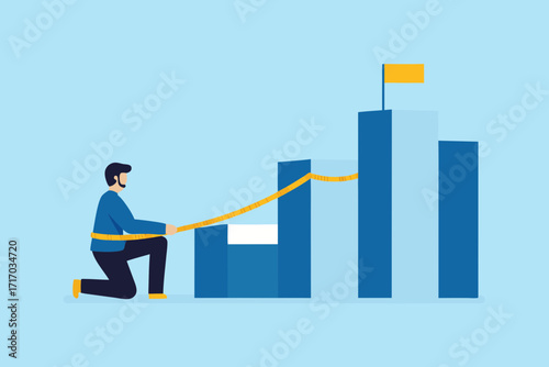 Man measuring progress towards a goal with a tape measure and bar graph