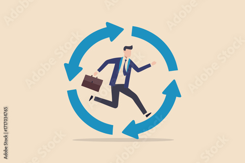 Businessman running in a circular arrow loop representing business cycle and continuous effort