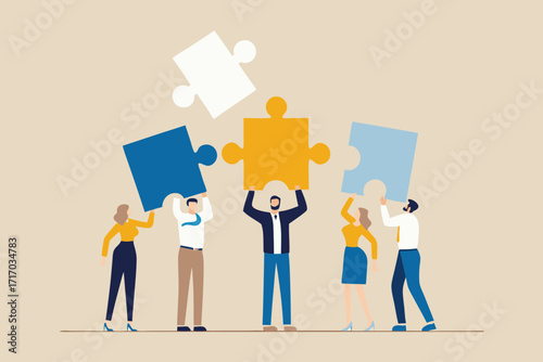 Diverse team of people collaborating to assemble colorful puzzle pieces symbolizing teamwork and unity