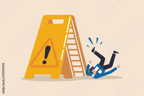 Man slips and falls on a wet floor warning sign in a cartoon illustration style