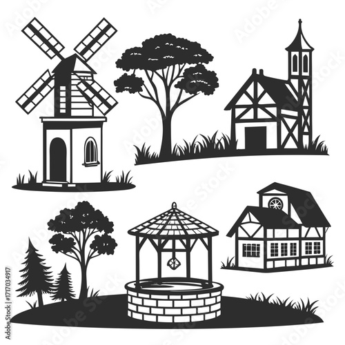 Rural Village Silhouettes with Windmill and Well countryside