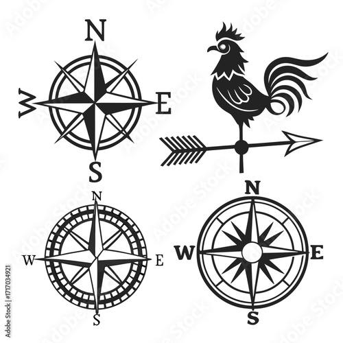 Rooster Weather Vane Compass Roses and Ship Wheel Silhouette