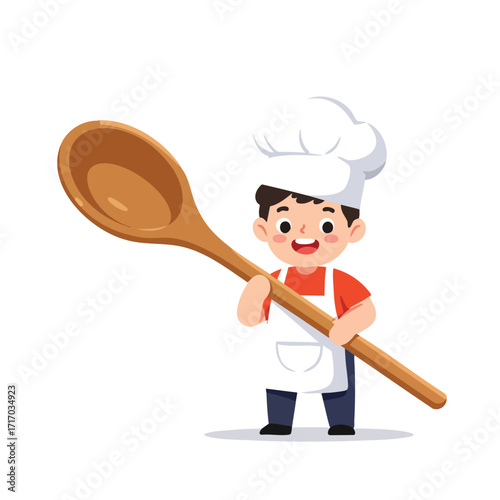 a boy wearing a tall chef's hat and a white apron, brandishing a large wooden spoon as if it were a trophy