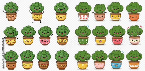 A collection of cartoon topiary plants in decorated pots, each with a different smiling face and expression.
